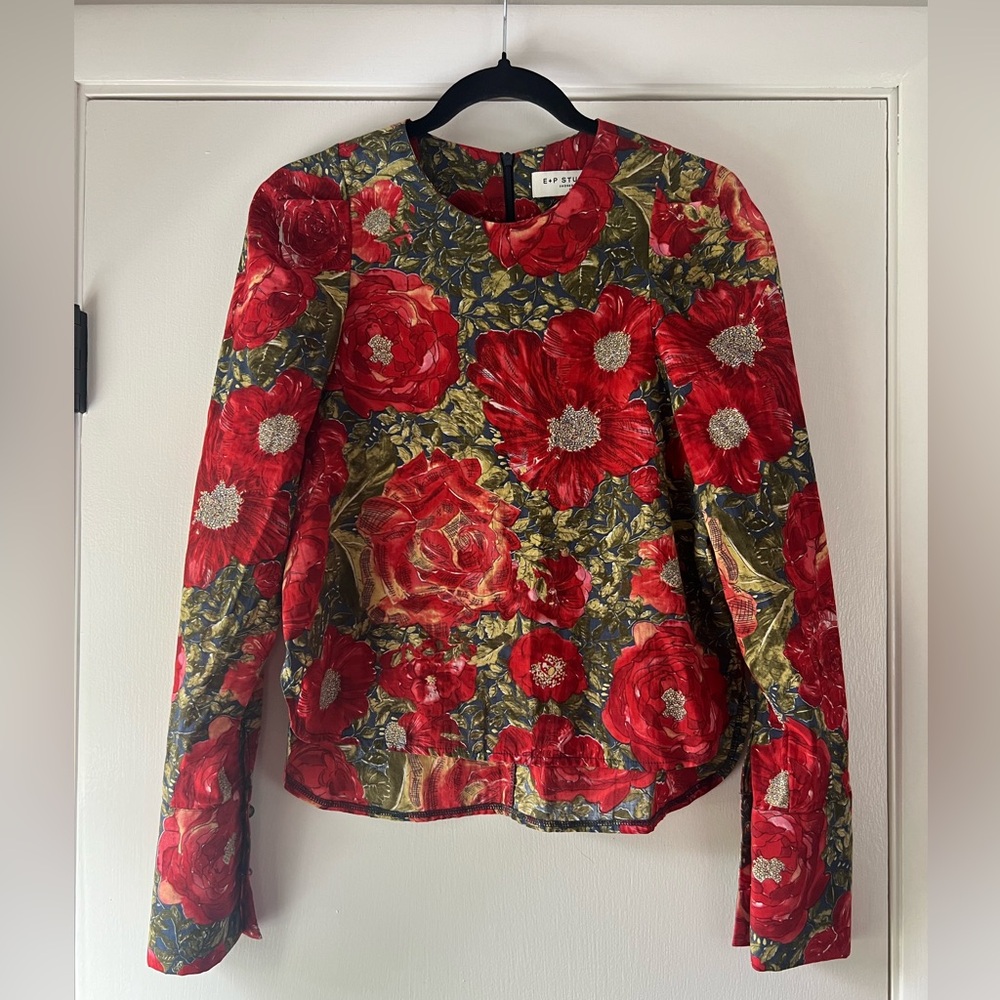 Emin & Paul E+P Studios 100% Cotton Long Sleeve Floral Blouse Red Rose Small